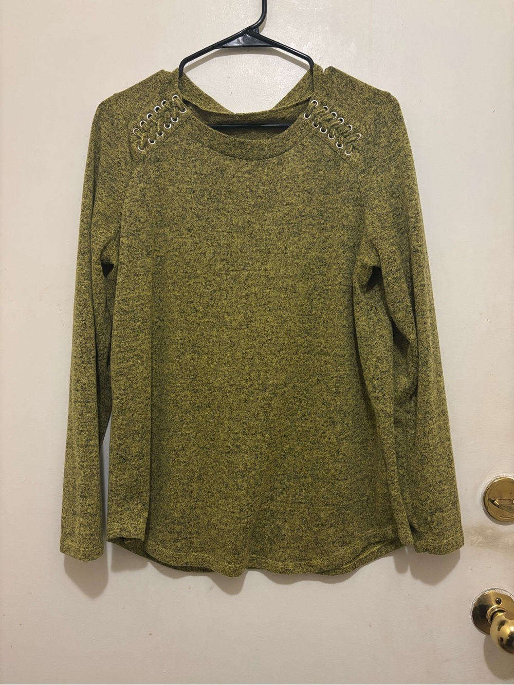 Women’s Olive Green Marled Lace-Up Shoulder Long Sleeve Top – Approx. Medium